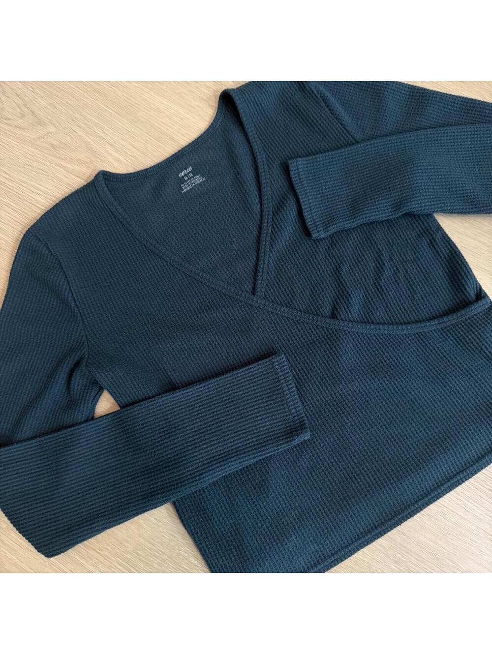 Aerie Teal Green Waffle Knit Faux Wrap Crossover Long Sleeve Top Size M
